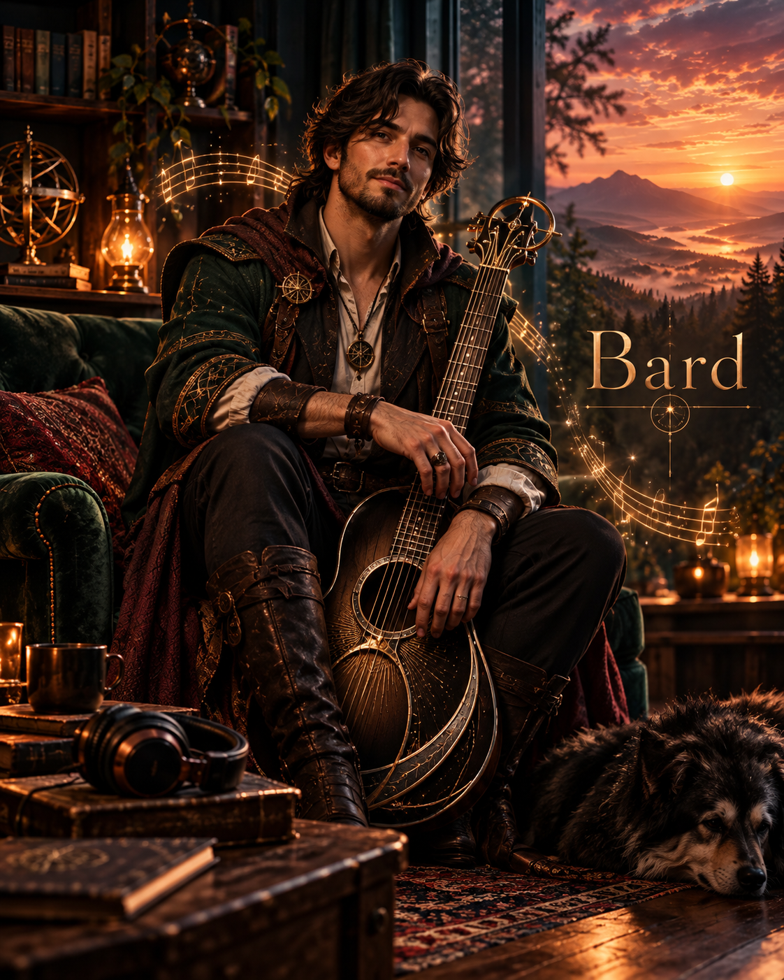 Bard with a stringed instrument in a warmly lit studio at sunset