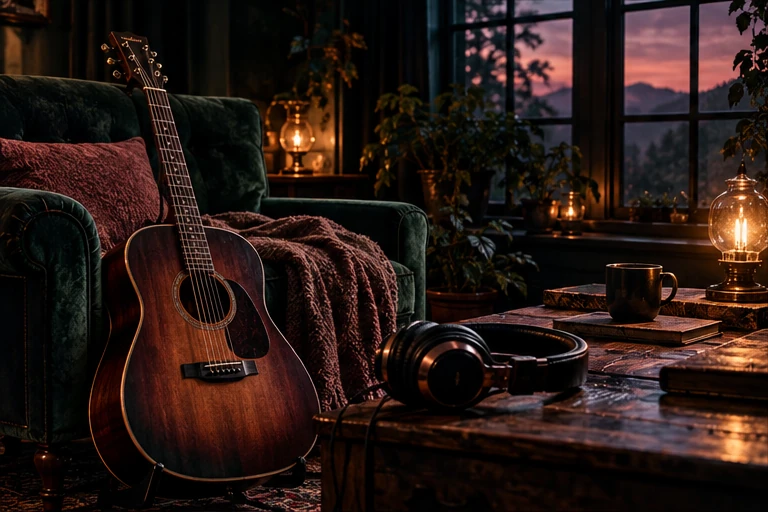 Guitar in a warm listening room at sunset